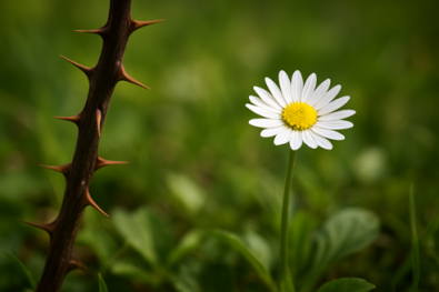 Immagine che riproduce una margherita e un ramo con spine per simboleggiare la violenza contro le donne
